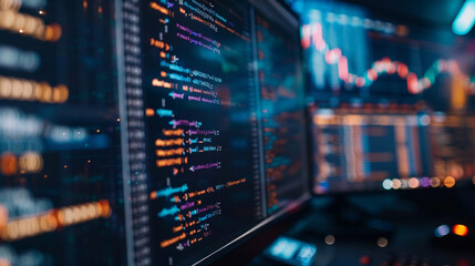 Close-up of a data analystâs computer screen with code running in a terminal window and graphs displayed alongside.