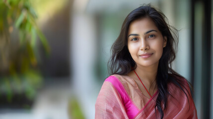 Portrait of a beautiful Indian woman in her early 30s, wearing a pink sari and standing in the porch area of her home, looking at the camera with a subtle smile
