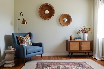 Stylish Cozy Living Room Design with Armchair and Decor Against Light Wall