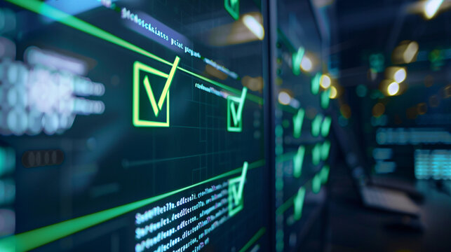 A close-up of a software development environment showing automated test results, with green checkmarks indicating successful tests.