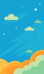 A blue sky with fluffy clouds and shining stars in a flat style