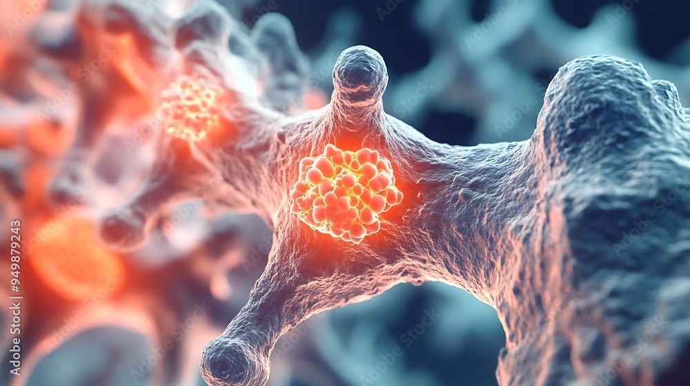 Poster 3d rendering of a microscopic view of a virus infecting a cell.