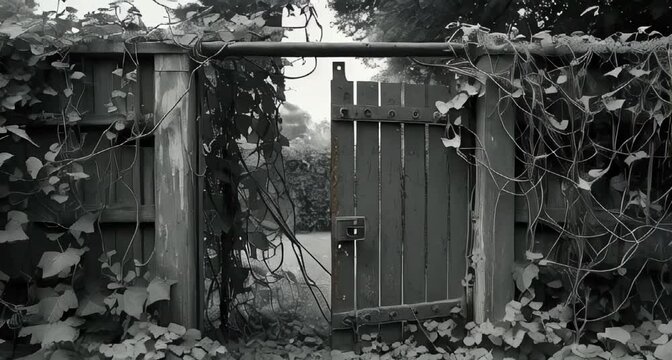 a black-and-white image of an old, rusted gate partially open in the middle of an overgrown garden