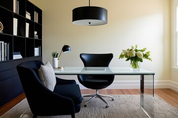 Stylish Contemporary Home Office Featuring Elegant Black Armchair and Bright Cream Wall Design