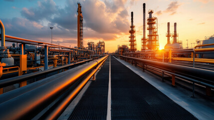 An industrial refinery plant with extensive pipelines is illuminated by the setting sun, highlighting the complex structure.