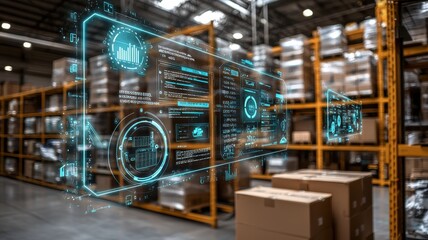 Fototapeta premium Futuristic warehouse with digital interface overlay showcasing inventory management and data analytics in action.