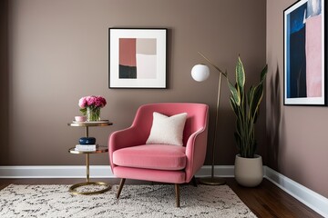 Stylish Living Room Decor with Pink Armchair and Soft Taupe Wall Design