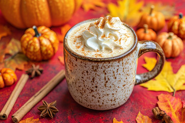 Pumpkin Spice Latte with Whipped Cream and Fall Decor