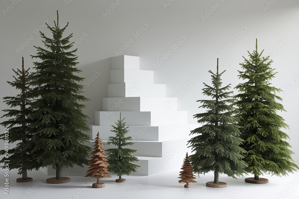 Aufkleber cedar and spruce tree composition on white three-dimensional layering design