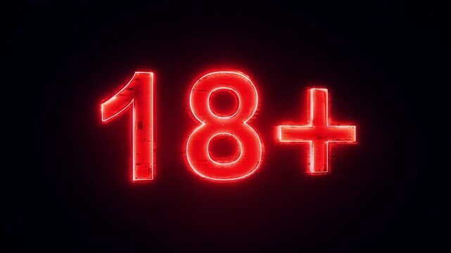 Animated sequence showing a bright red neon 18 symbol illuminating against a dark background, emphasizing age restriction content