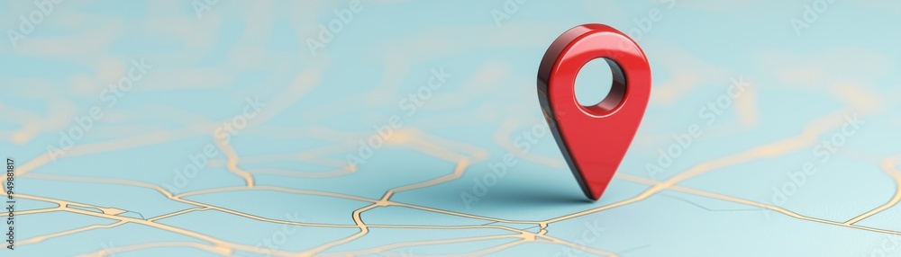 Poster a vibrant red location pin on a soft blue background representing navigation and travel.
