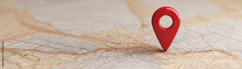 Poster a vibrant red location pin on a detailed map, symbolizing navigation and destination finding.