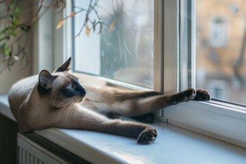 A Siamese cat lounging peacefully on a sunlit window sill, enjoying the warmth and view outside, A graceful Siamese cat stretching out on a windowsill, AI generated