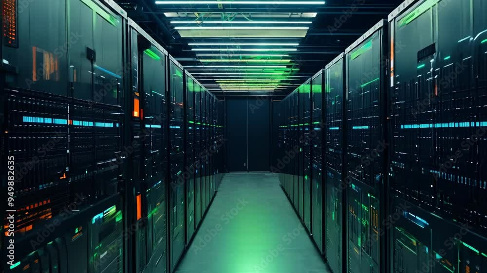 Poster exploring the impressive features of a green and efficient data center at night