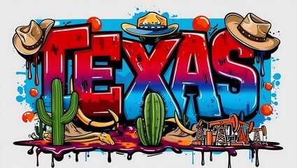 Graffiti-style illustration of 'Texas' with tropical leaves and floral elements:

