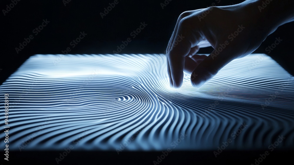 Poster A close-up view of a hand interacting with a luminous surface, creating dynamic patterns and waves of light. Artistic and mesmerizing.