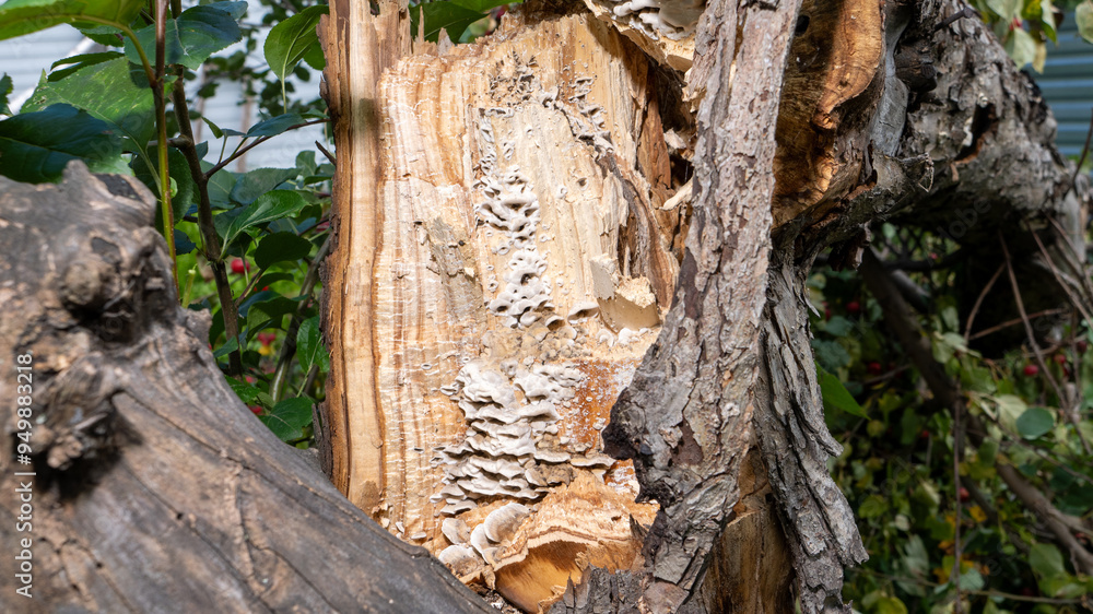 Poster A tree trunk with a hole in it and mushrooms growing on it