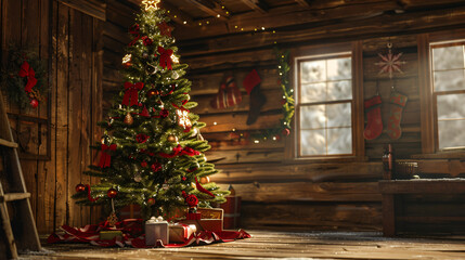 Cozy log cabin with christmas tree and snow falling outside, creating a warm and festive ambiance