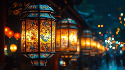 Obraz premium A stunning display of ornate lanterns illuminates the festival atmosphere, casting warm glows that enhance the evening festivities and attract visitors.