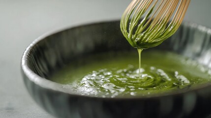 A whisk is mixing bright green matcha tea, creating a frothy texture in a black bowl, demonstrating the preparation of a traditional Japanese beverage.