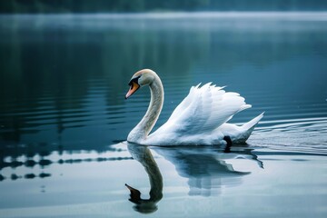 Fototapeta premium A serene swan gliding on a tranquil lake, its reflection perfectly mirrored on the water's surface, A graceful swan gliding across a lake, Ai generated