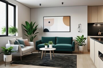 Fototapeta premium Minimalist Home Interior Design with Stylish Sofa and Fresh Plants in Modern Apartment 3D Rendering