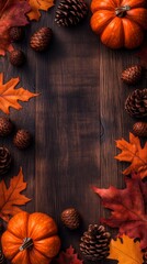 Fototapeta premium Vertical Autumn Flat Lay Background Featuring Pumpkins and Natural Fall Decorations with Copy Space