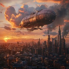 Naklejka premium A steampunk airship flies over a futuristic cityscape at sunset.