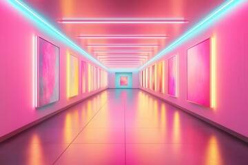 Neon-lit digital gallery with virtual paintings, modern art experience, 3D illustration