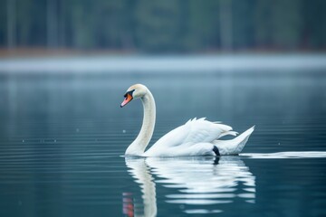 Fototapeta premium A graceful swan floats on a calm lake, with its reflection beautifully captured in the still water below, A graceful swan gliding across a lake, Ai generated