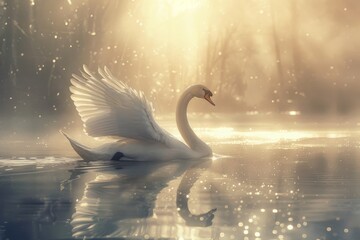 A swan elegantly swims across a peaceful lake, its image reflected flawlessly in the clear water, A graceful swan gliding across a lake, Ai generated