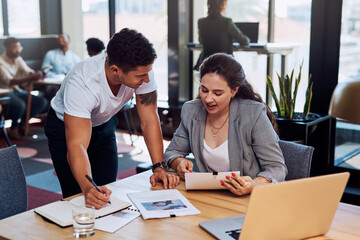 Meeting, team and paper in cafe for business plan, brainstorming and information for growth. Man, woman or notebook at tech for discussion, startup idea or research files for industry development