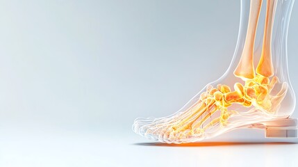 Anatomical illustration of a human foot highlighting bones and joints with glowing effect, ideal for medical and educational uses.