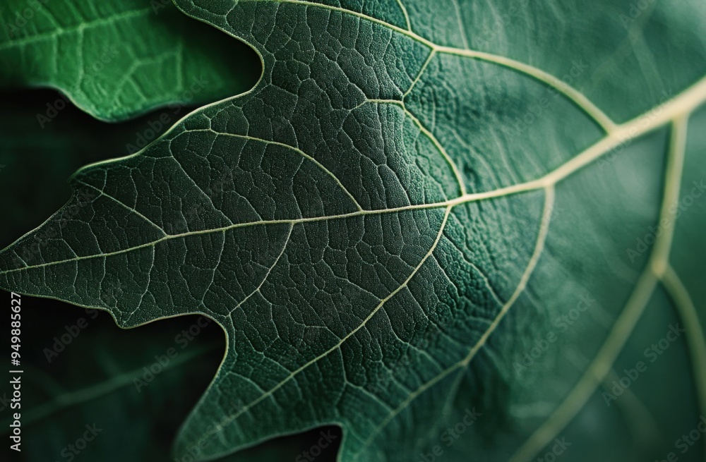 Poster Close-up of the veins on an oak leaf, highlighting their intricate patterns and textures. Background is dark green to create contrast with the bright light from above, emphasizing depth in the scene