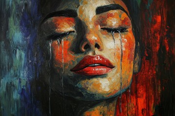 Emotional Oil Painting of a Woman's Face with Tears and Closed Eyes in Vibrant Colors