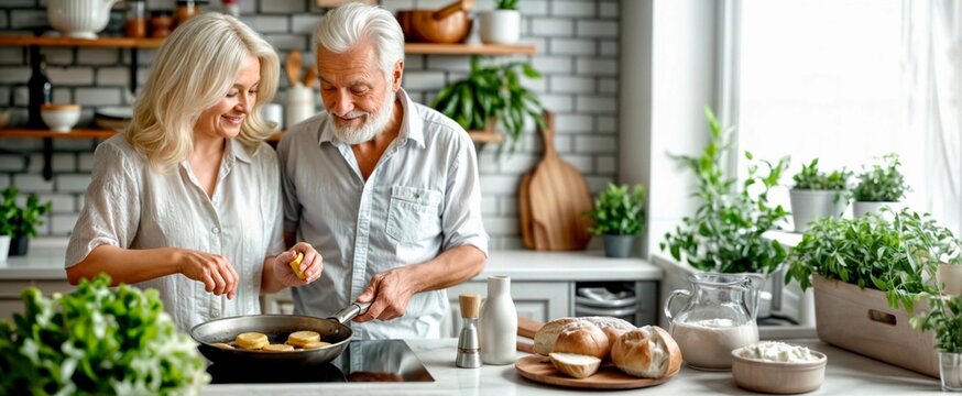 Couple cooking in kitchen. Happy senior man and woman at home cooking healthy food, potato pancakes. Old people with vegan dinner. Mature family lifestyle. Senior retired couple cook meal together - Powered by Adobe