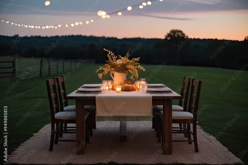 Poster cozy farmhouse table illuminated by bokeh lights in serene twilight setting