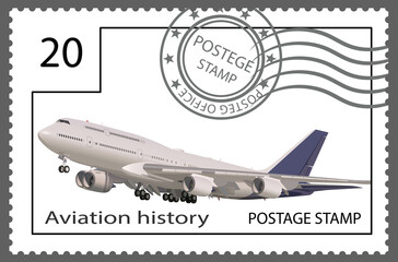 Postage stamp on the theme of aviation history. Vector.