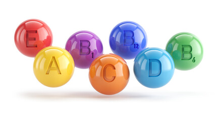 Vitamins symbols on colorful spheres. Multi Vitamin complex concept