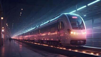 Naklejka premium generative AI moving train with hazy lights perfect for transit backgrounds