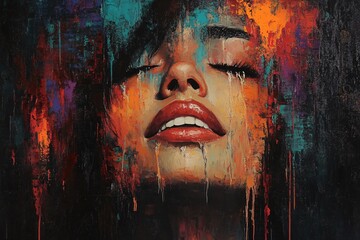 Emotional Oil Painting of a Woman's Face with Tears and Closed Eyes in Vibrant Colors