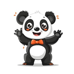 Obraz premium Adorable Cartoon Panda Wearing Bowtie Waving Happily on White Background