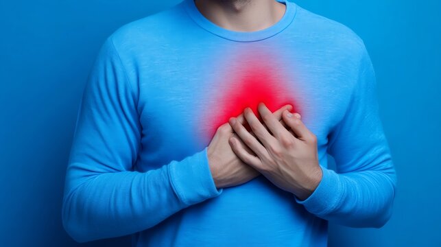 A person in a blue shirt clutches their chest, symbolizing heartache and emotional distress with a vibrant red highlight.