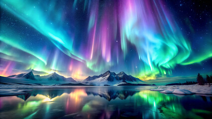 abstract wallpaper ,aurora borealis over the river, AI generated
