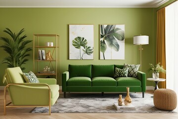 Stylish Green Sofa with Elegant Accents in a Modern Bright Living Room 3D Visualization
