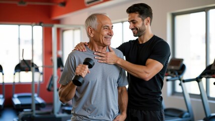 Naklejka premium Happy Senior Indian Man Engages in Fitness Training with Coach Support