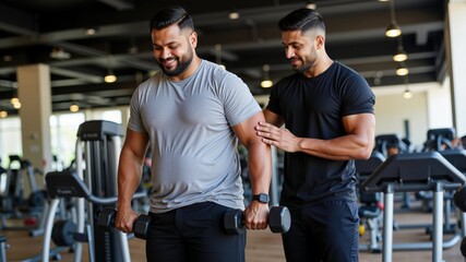 Personal Trainer Motivating Active Indian Man During Weight Workout