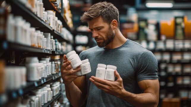 A man is in a store looking at different bottles of vitamins