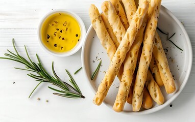 Breadsticks with rosemary and olive oil on white wooden background