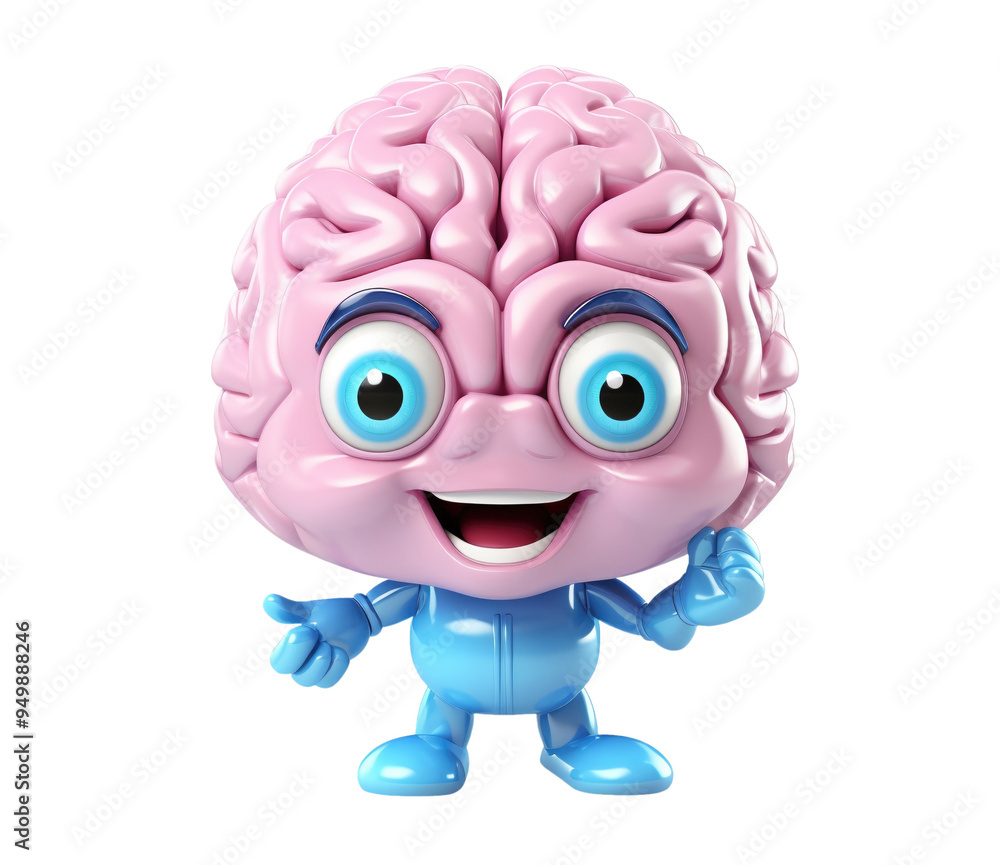Poster funny 3d brain character smiling on transparent background